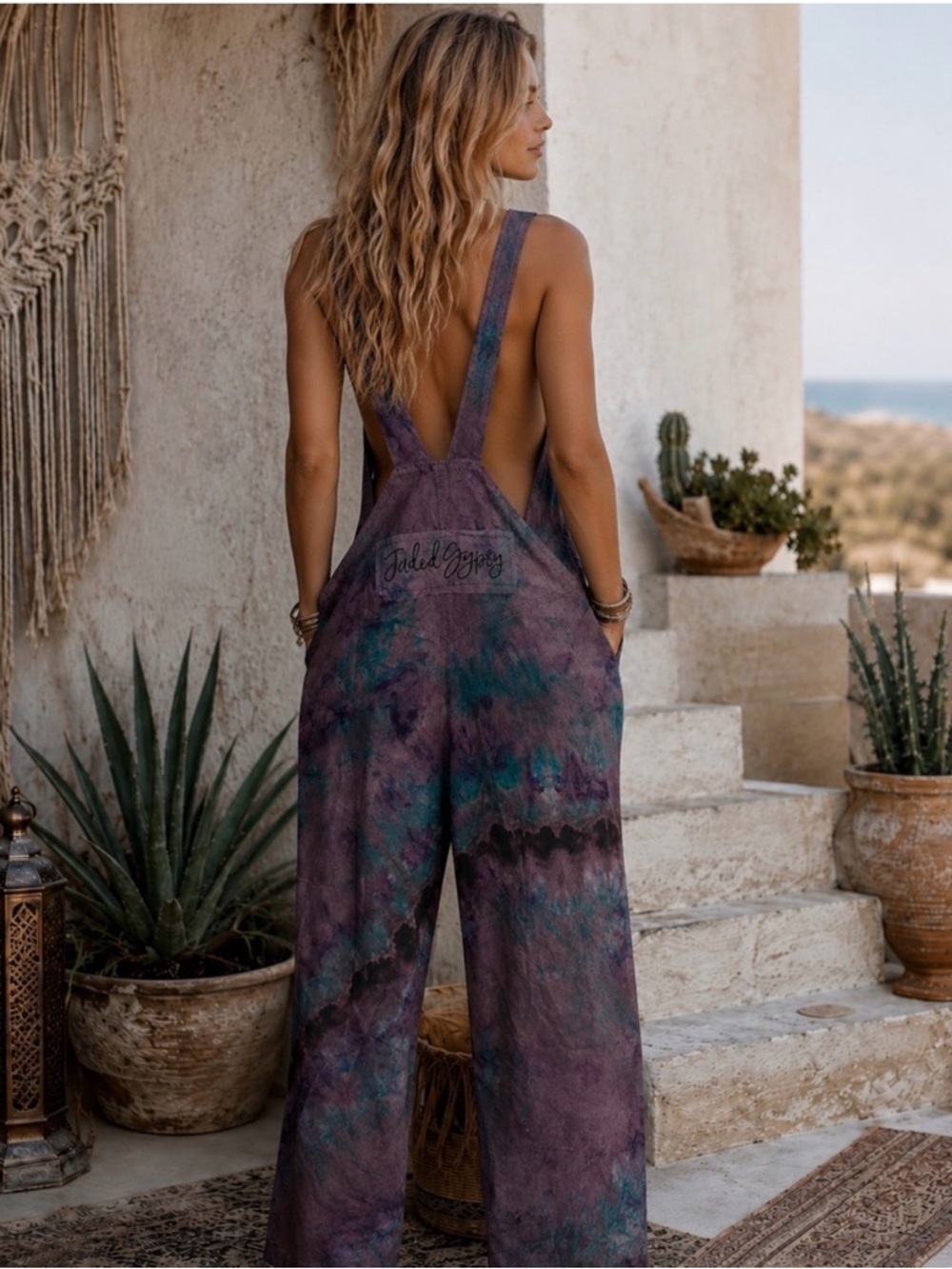 Jaded Gypsy Sleeveless Purple Tie-Dye Wide-Leg Jumpsuit with Pockets - Picture 2 of 8